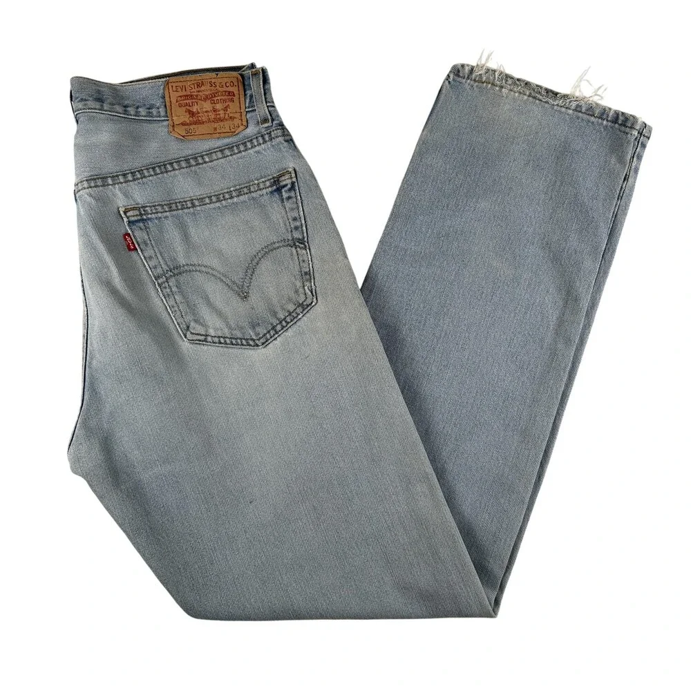 Levis 505 Jeans Mens 34x34 Light Wash Grunge Denim Straight Distressed Y2K Holes